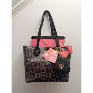 Juicy Couture 2-in-1 Tote and Wristlet Shoulder Bag Black Gray Checkered New